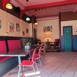 red chairs and tables in a restaurant