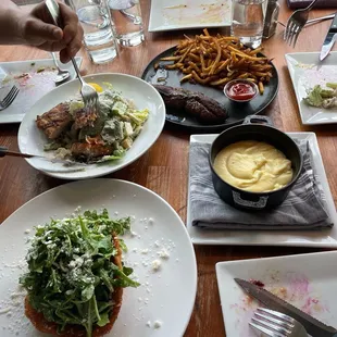 Venable Fried Chicken + Caesar Salad with salmon + steak frites + mashed potatoes