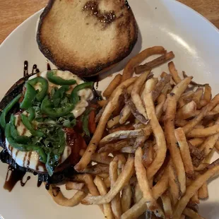 Portobello, jalapeños, fries lunch. Delicious