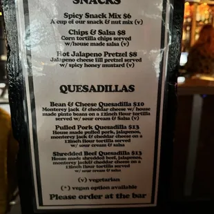 a menu for a variety of snacks
