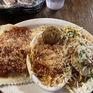 Chicken ravioli, spaghetti and meatball and chicken parmesan. Pick 3 create your own dinner