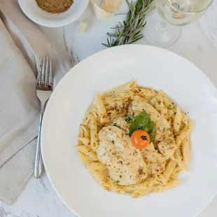 Caribbean Penne paired with white wine