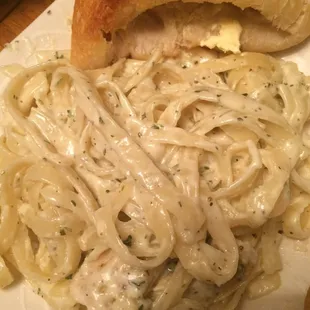 Chicken Alfredo My teenagers love it. Good sized portion they could split it. Comes with hot bread.