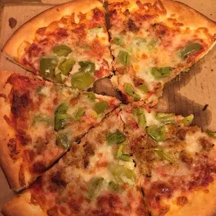 Where the meat man? Medium sausage and green pepper pizza. $12.83.