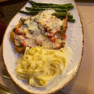 Chicken Milano with Asparagus and Fettuccine Alfredo