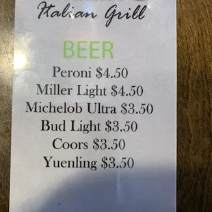 Beer menu