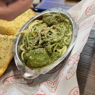 Pesto spaghetti with meatballs