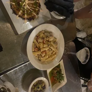 Pasta with mushroom and chicken, goat cheese, Braised Pork Quesadilla, Grilled Beef Thai Rolls! Allll soo yummy in my tummy