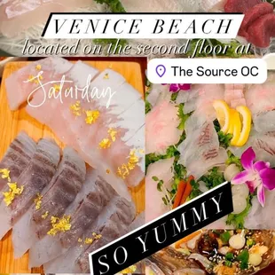 Sashimi platter (tuna, halibut, salmon, bluefin tuna), side dishes (sea urchin, marinated crab, shrimp, sea cucumber), soy marinated crab