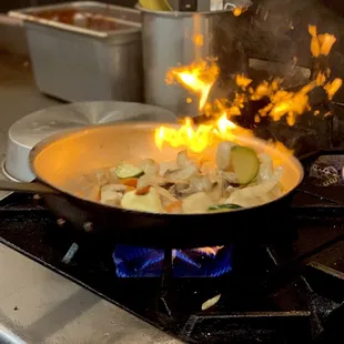 a frying pan on fire