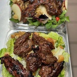 Steak tip apple walnut salad (top photo) Steak tip ceasar saldad (bottom pic)