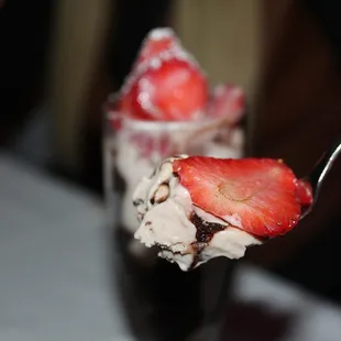 The smooth hazelnut gelato was swirled with rich chocolate sauce &amp; presented in a chilled flute glass.