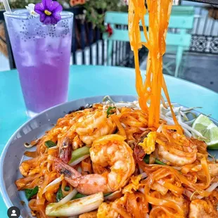 Shrimp Pad Thai and Purple rain (house lemonade)