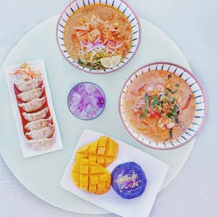 [ IG: @icythaitea ] Khao Soi, Tum Kha Ramen, Mango Sticky Rice, Steamed Dumplings with Curry Sauce, Purple Rain