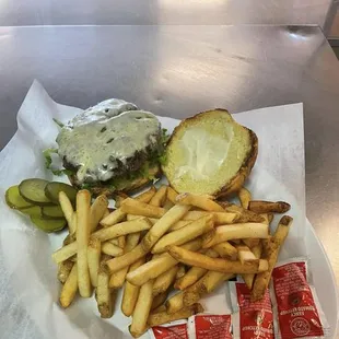 a plate of french fries and a cheeseburger