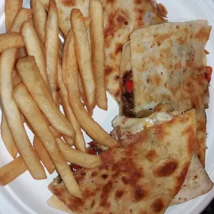 Veggie Quesadilla with fries.  Only 1/3 of the fries pictured. Also comes with small containers of salsa, sour cream, and ketchup.