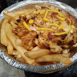 Crab cake with fries &amp; coleslaw. Comes with all the sauces too! (We added the mustard).