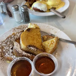 French toast and eggs Benedict with home fries