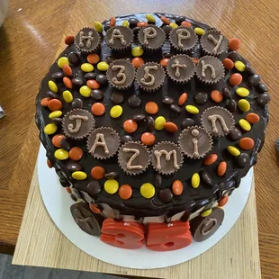 a chocolate birthday cake decorated with candy