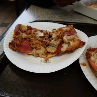 Pepperoni, sausage and mushroom Sicilian pizza