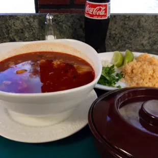 The menudo spread...comes with rice and corn tortillas.  Mexican coke gets it done