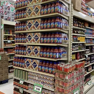 shelves of canned food in a grocery store