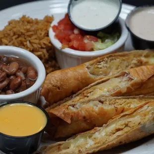 quesadilla rolls with rice, beans and dips.