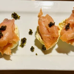 Smoked salmon deviled eggs