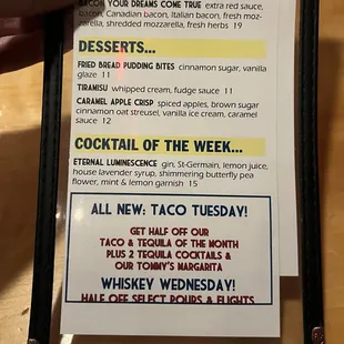 Specials and dessert menu