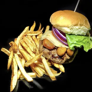 a hamburger and fries on a plate