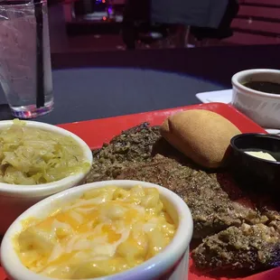 Rib-eye with cabbage and macaroni and cheese + soul roll: braised beef, Mac, and collards deep fried.