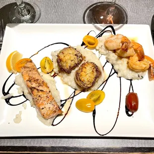 A seafood trio, beautiful on the plate but somewhat disappointing on the palate.