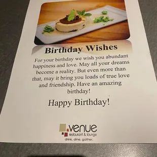 Card set at table with reservation. Let the waiter know it was a birthday.