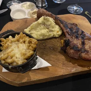 Pork ribeye. Ordered well done, came out rare. Mac and cheese was fine. Potatoes were cold.