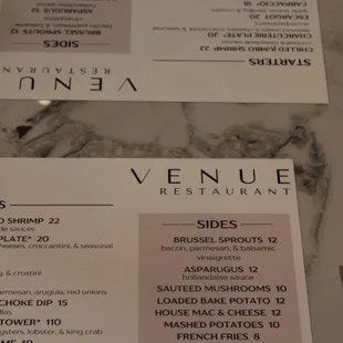 Starters and sides menu