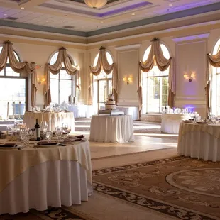 a banquet room with tables and chairs