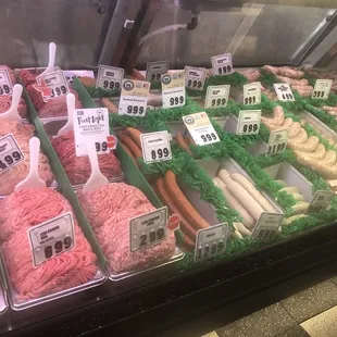 Lots of ground meats for meatballs.  Sausages galore.