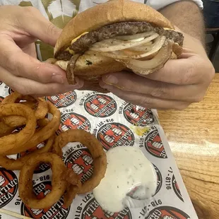 Oklahoma Onion burger with onion rings