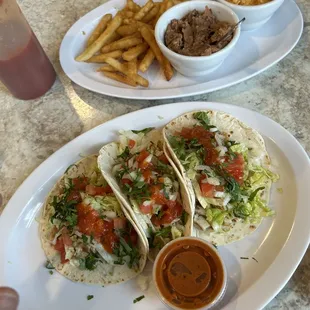 Chicken Tacos, Fries and Rice and Beans