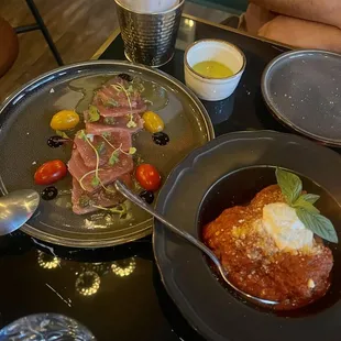 Meatballs and Tuna Crudo Sashimi Cut