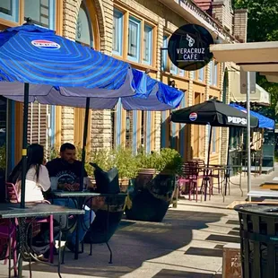 The outside sidewalk seating and entrance to Veracruz