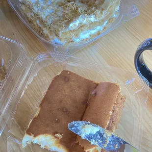 Mexican Cheesecake in front, croissant with creme in the back from attached bakery