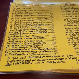 Extensive hand written menu