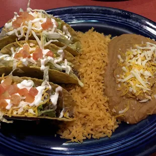 3 taco plate with rice &amp; refried beans