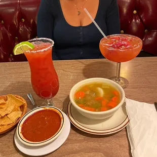 Delicious Bloody Mary and strawberry margarita with some albóndigas yummmm