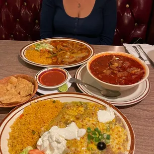 Menudo chicken enchilada and steak picado