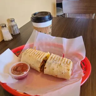 Breakfast burrito with coffee