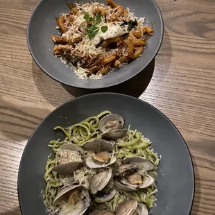 top: some kind of red sauce pasta with lamb bottom: pesto fettuccine with clams