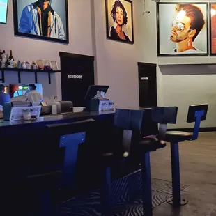 Counter seating with cool art surrounding