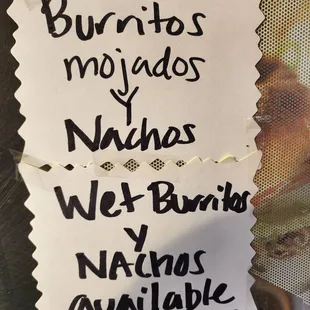 New items: wet burritos and nachos as of 1-9-24